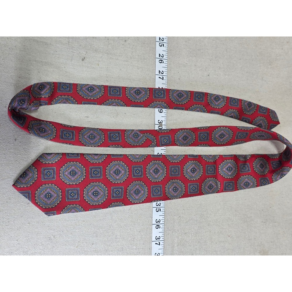 Jarrods Ancient Madder Silk Tie Red Blue Medallion Geometric Mens Necktie
